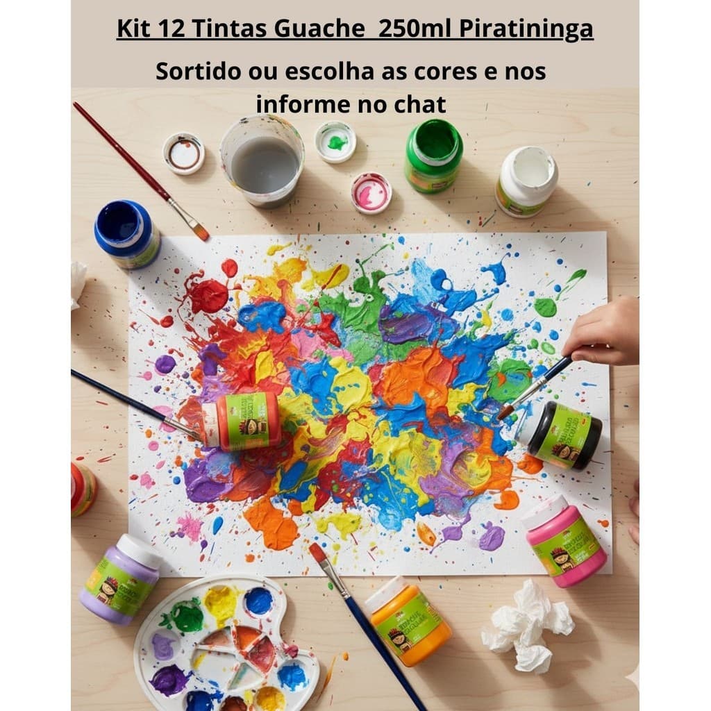 Kit 12 Tintas Guache Cores Variadas 250ml Piratininga