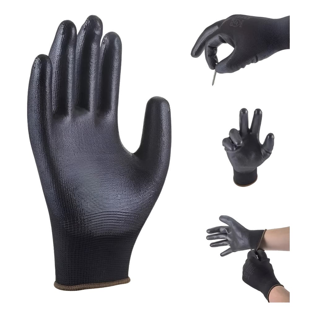 Kit 12 Luva De Segurança Multitato Tatil Banhada Luva Pu Black P M G GG Mecanico Pedreiro Eletricist