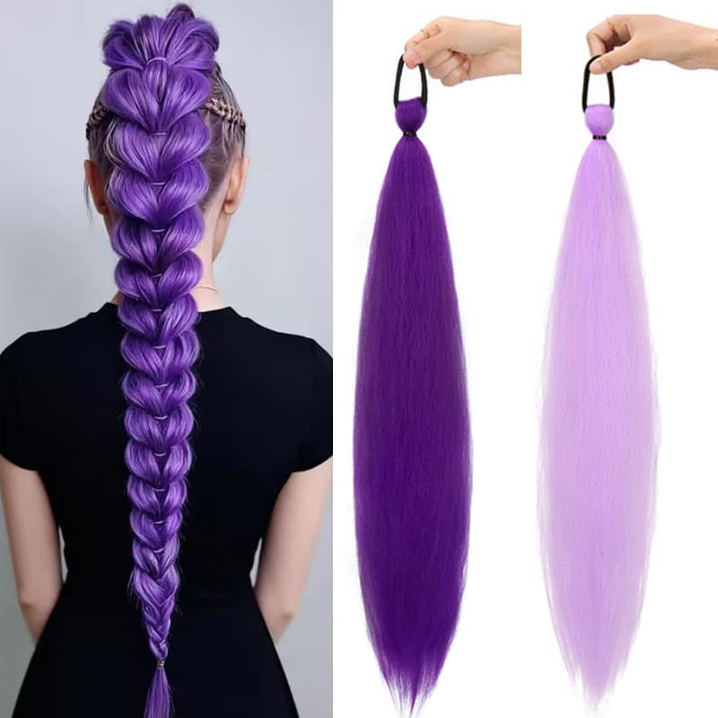 60cm Colorido Trançado Cabelo Reto Peruca Rabo De Cavalo Roxo Tranças De Extensões Sintético Com Faixa Elástica