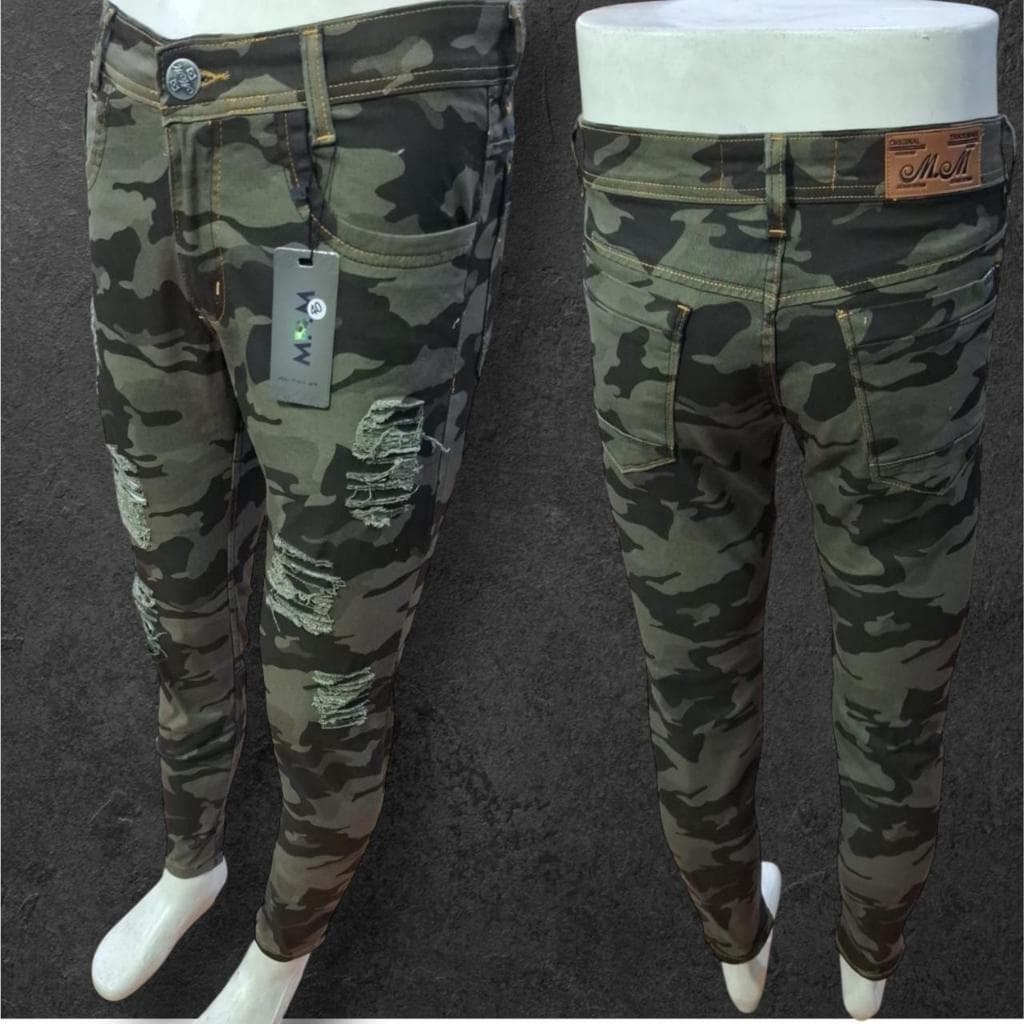 Calça Camuflada Masculina Jeans Skinny Cargo Rasgada Rip Stop Militar Slim Tática com Bolsos Casual