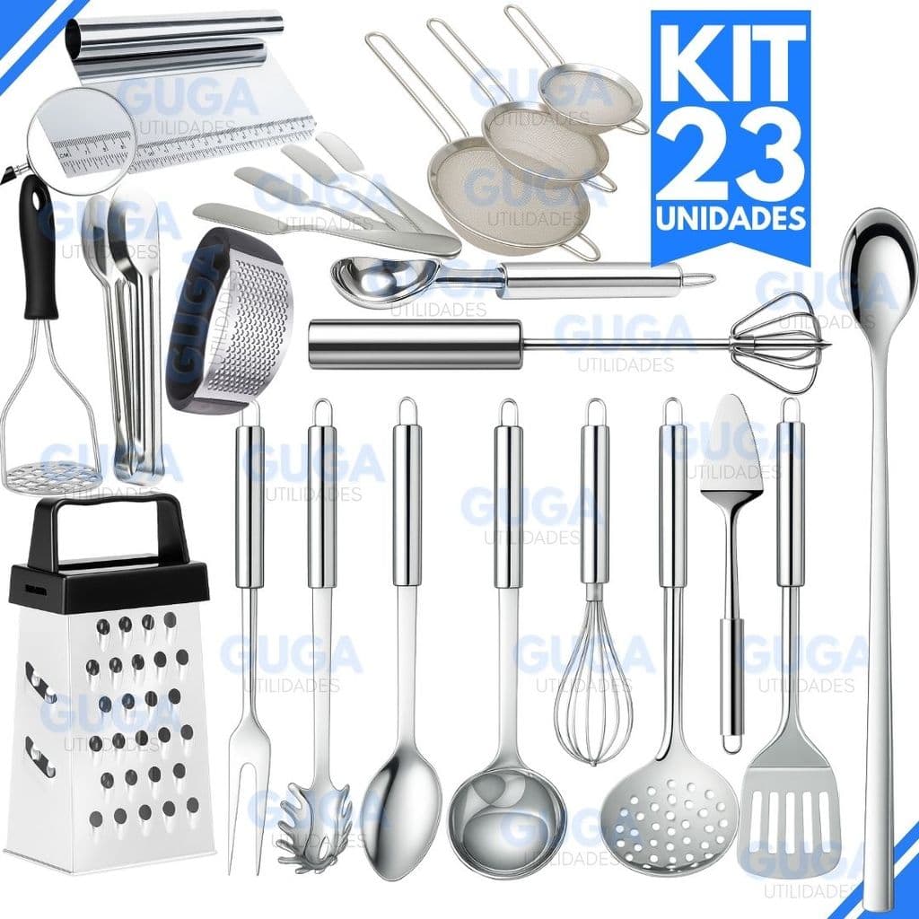 Kit 23 Utensílios Inox Premium – Mixer, Ralador, Amassadores, Peneiras, Espátulas , Espátula Tubular, Concha, Colheres +