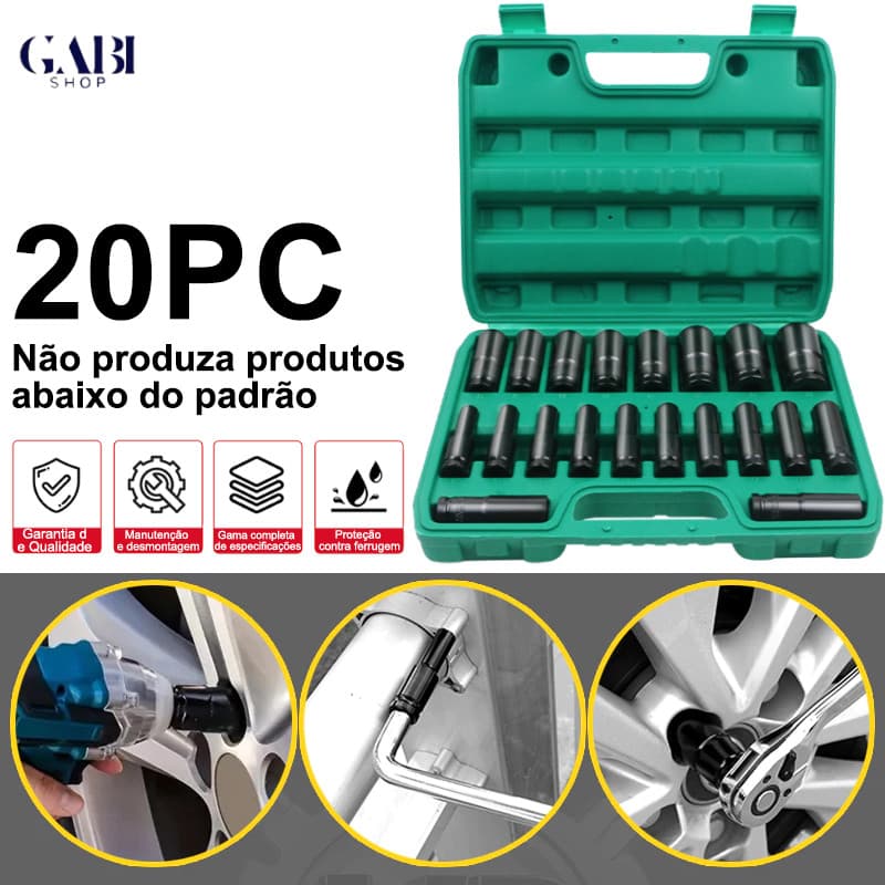 20 Peças 8mm a 32mm Jogo de Soquetes de Impacto Longo Aço Carbono Reforçado com Maleta Profissional