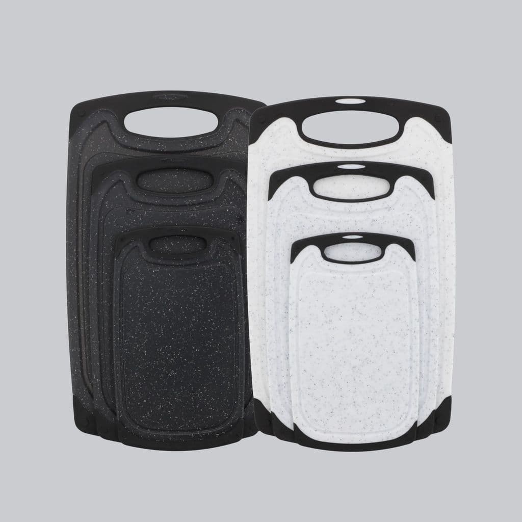 Kit 3 Tábuas de Corte Cozinha Profissional Carne Legumes Frutas Antiderrapante PP Preto/Branco