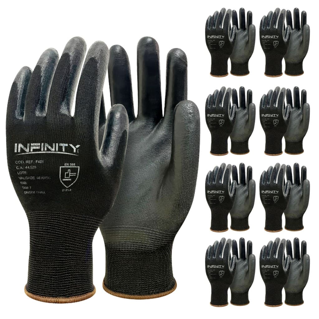 Kit 12 Luva De Segurança Multitato Tatil Banhada Luva Pu Black P M G GG Mecanico Pedreiro Eletricist