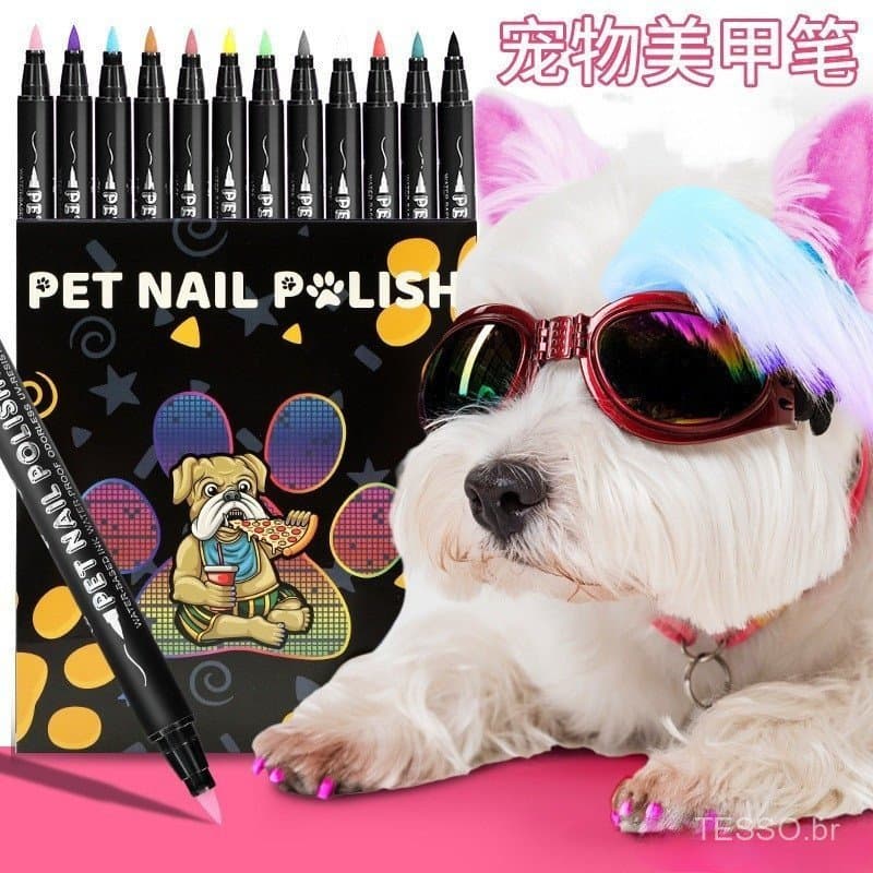 Cão Esmalte Canetas, 12 Cores Pet Esmalte Set Quick Dry Seguro Pet Polidor Não-Tóxico Escova Dica para Filhotes e Gatos