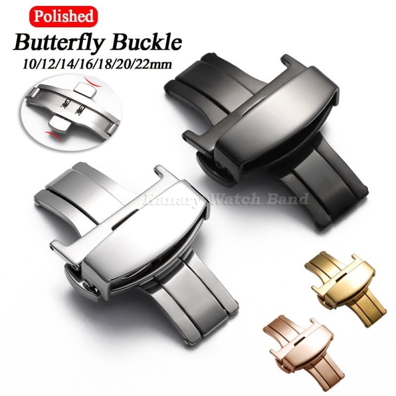 10/12/14/16/18/20/22mm Fivela De Relógio Borboleta Fecho De Aço Inoxidável Polido Impressão De Prensa Dupla Metal Para C