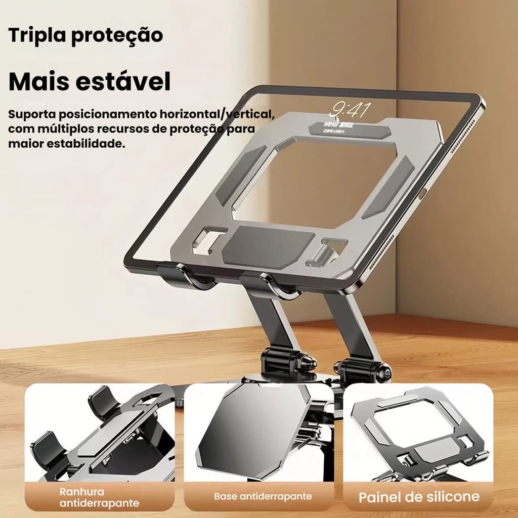 Suporte de Mesa Premium para Tablet e Celular – Alumínio, 360° Rotativo, Elegante e Durável