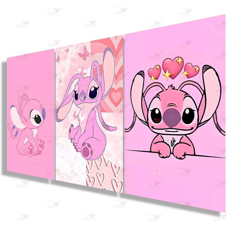 Angel Kit 3 Quadros Decorativos Lilo & Stitch Alienígena Azul Rosa Animação Excelente Qualidade