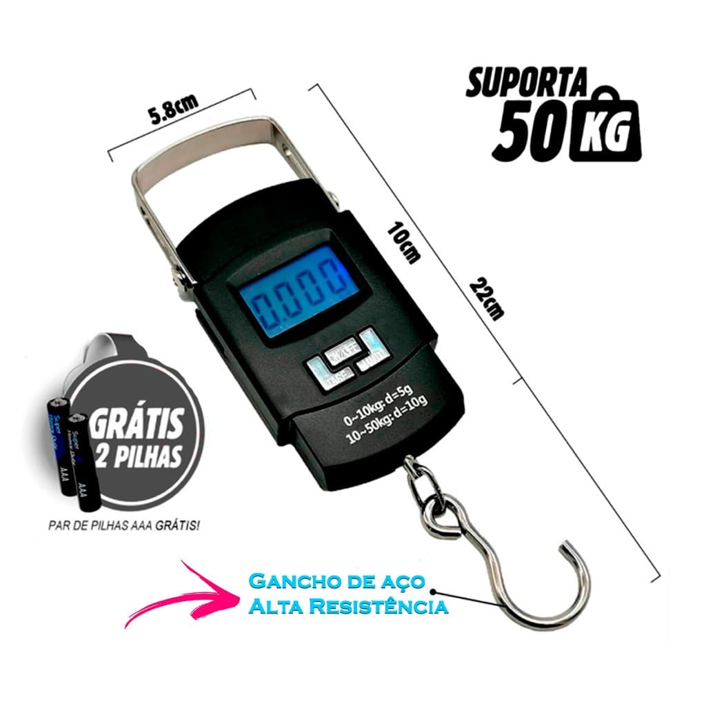 Balança manual eletrônica portátil de alta precisão, com gancho, peso máximo 50kg, com trava de bagagem