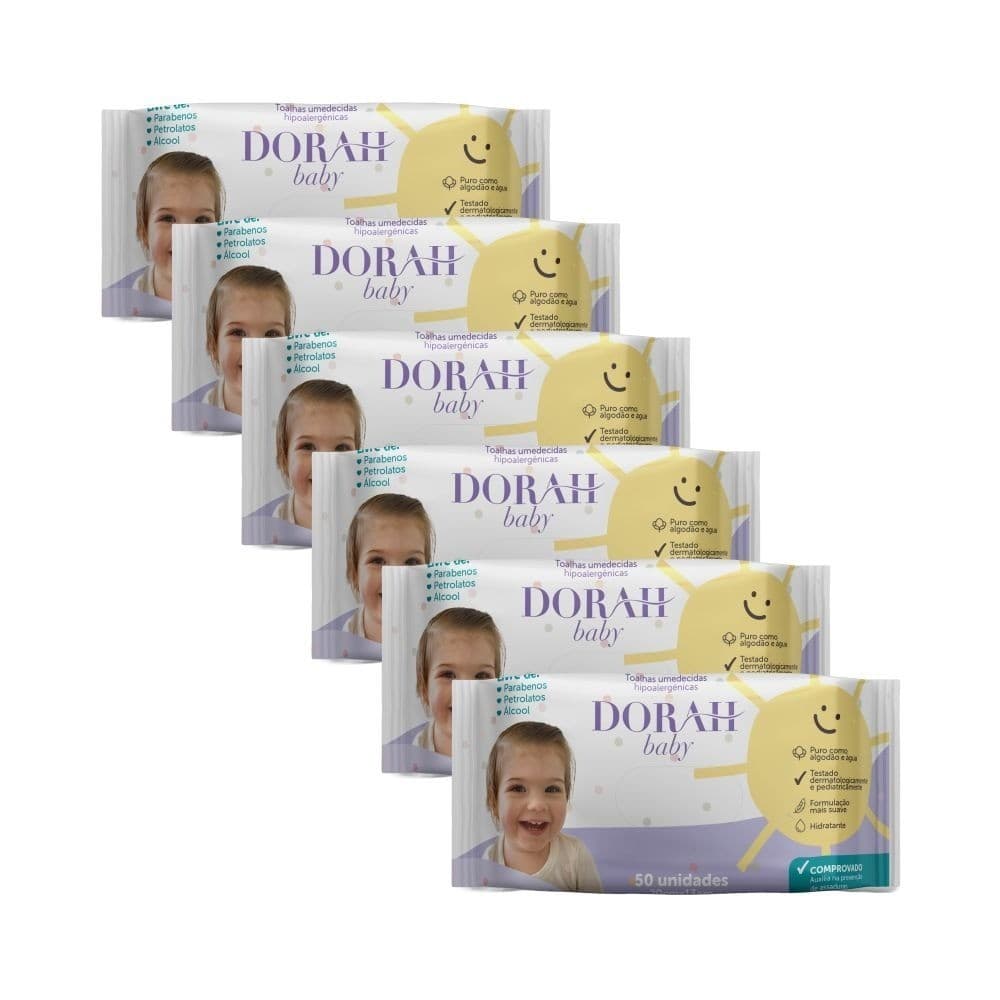 6 Unidades de Toalhas Umedecidas Sem Álcool - 50 Unidades | Dorah Baby