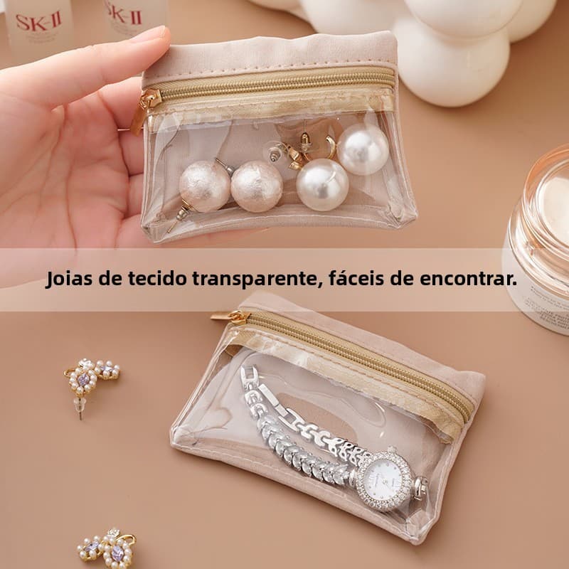 Bolsa de Armazenamento de Joias Portátil Bolsa Transparente com Fecho de Zíper Bolsa Exquisita à Prova de Poeira para Jo