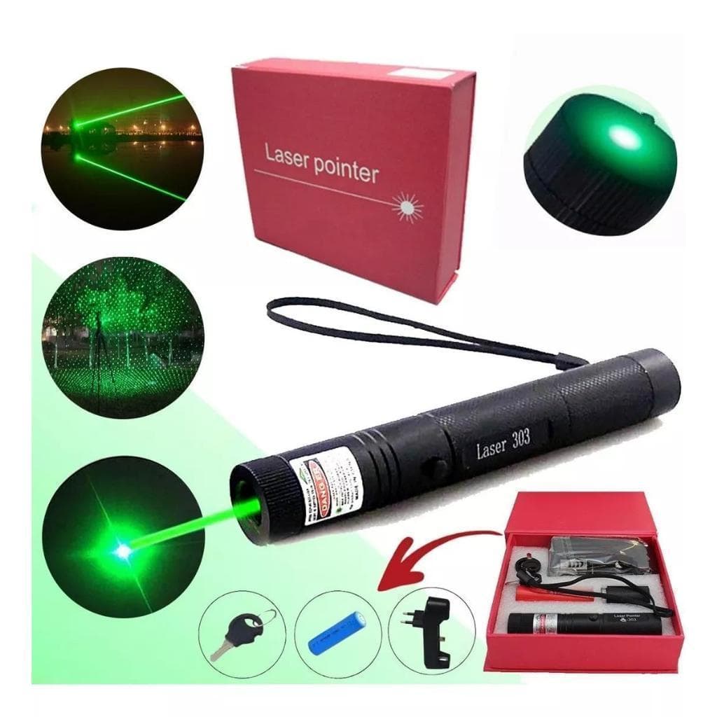 Caneta Laser Pointer Verde Recarregável com Chave de Segurança com Bateria Laser 303