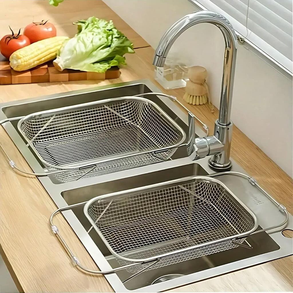 Escorredor De Pia Inox Lava Frutas Alça Retrátil Fruteira Alimentos Escorredor De Macarrão