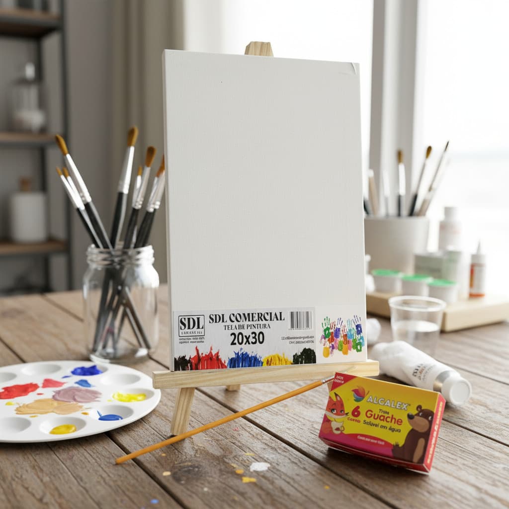 Kit Cavalete 23x35 cm + Tela 20x30 cm + 1 Pincel + 6 Tintas para Escolas e Artes