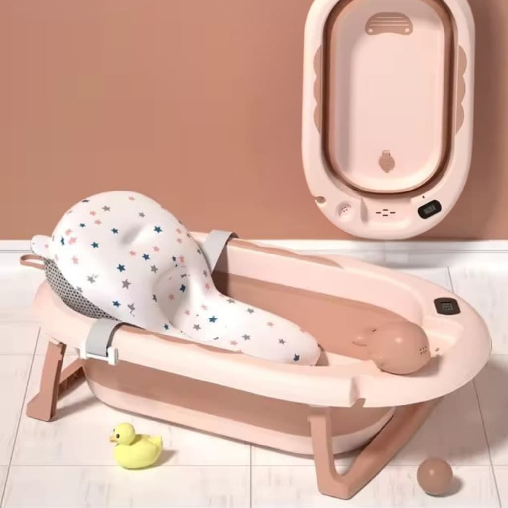 Banheira Rosa ou Azul para bebe com termômetro digital + almofada + chuveirinho de mão