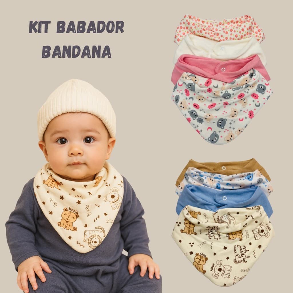 4 Babador Bandana Bebê - Misto e Estampado Tecido Duplo Macio 100% Algodão Confortável
