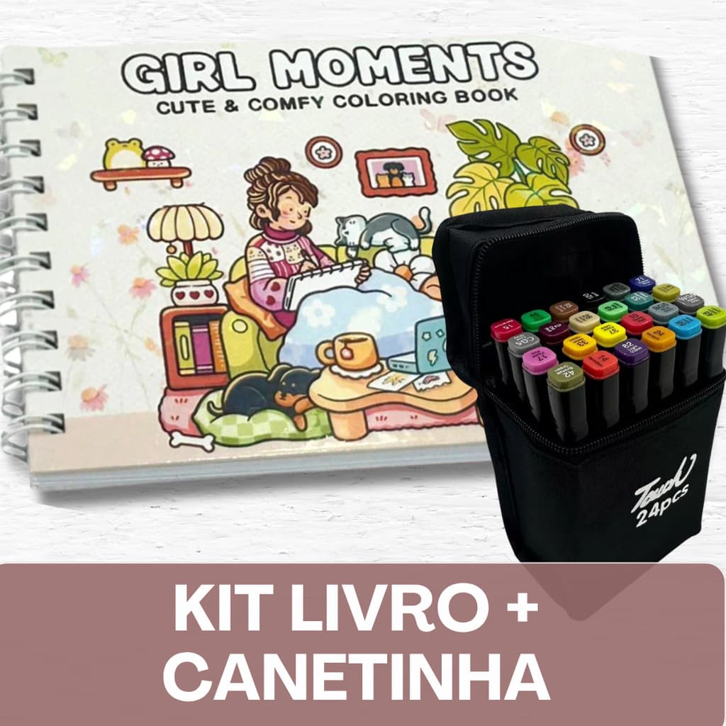 GIRL MOMENTS– Livro de Colorir+ Canetinhas / 50 Folhas / Capa Holográfica