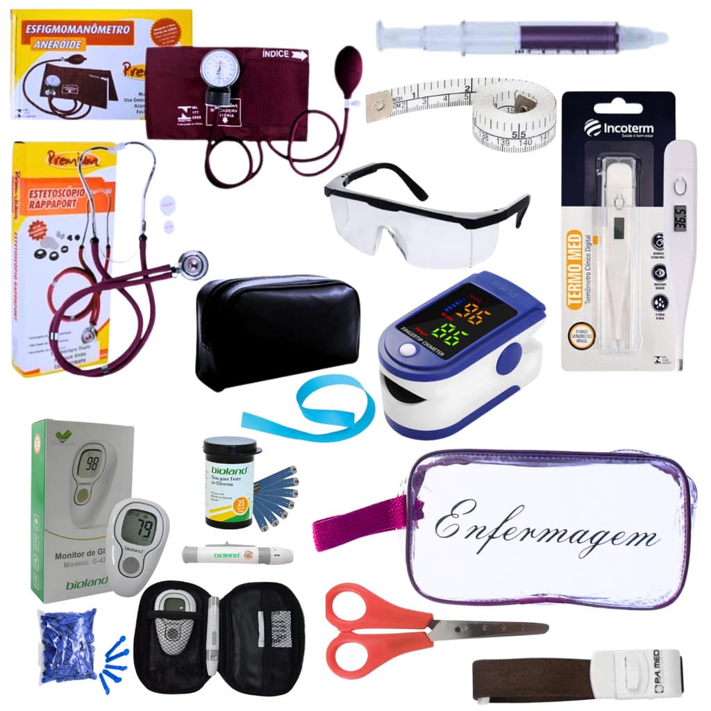 Super Kit Enfermagem Aparelho de Pressão + Estetoscópio Premium Completo + Oximetro + Nécessaire