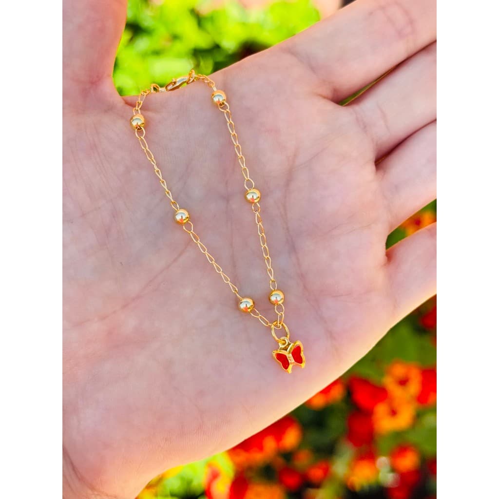 Pulseira Infantil de Borboleta Cristal Vermelha Folheado a Ouro 18K