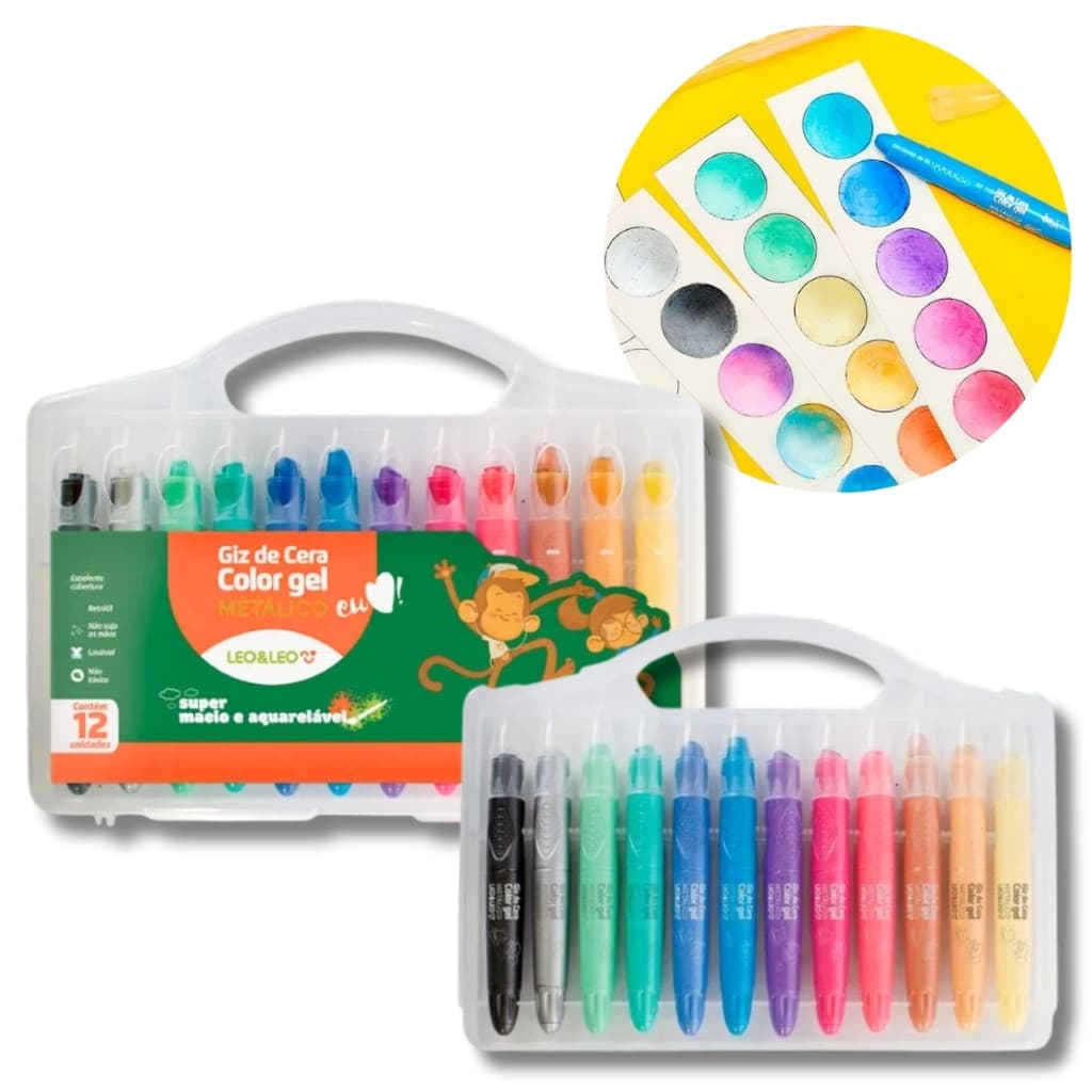 Giz Color Gel Retrátil Giz de Cera Escolar Para Desenhar Colorir Kit 12 Cores + 6 Pasteis Leo & Leo