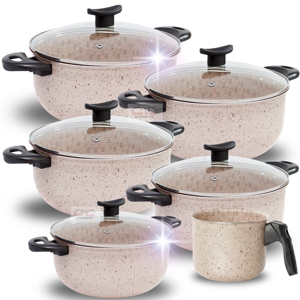 Jogo de Panelas Caçarolas 6 Peças Baunilha Creme  Antiaderente Teflon Panelas Grande Caneco