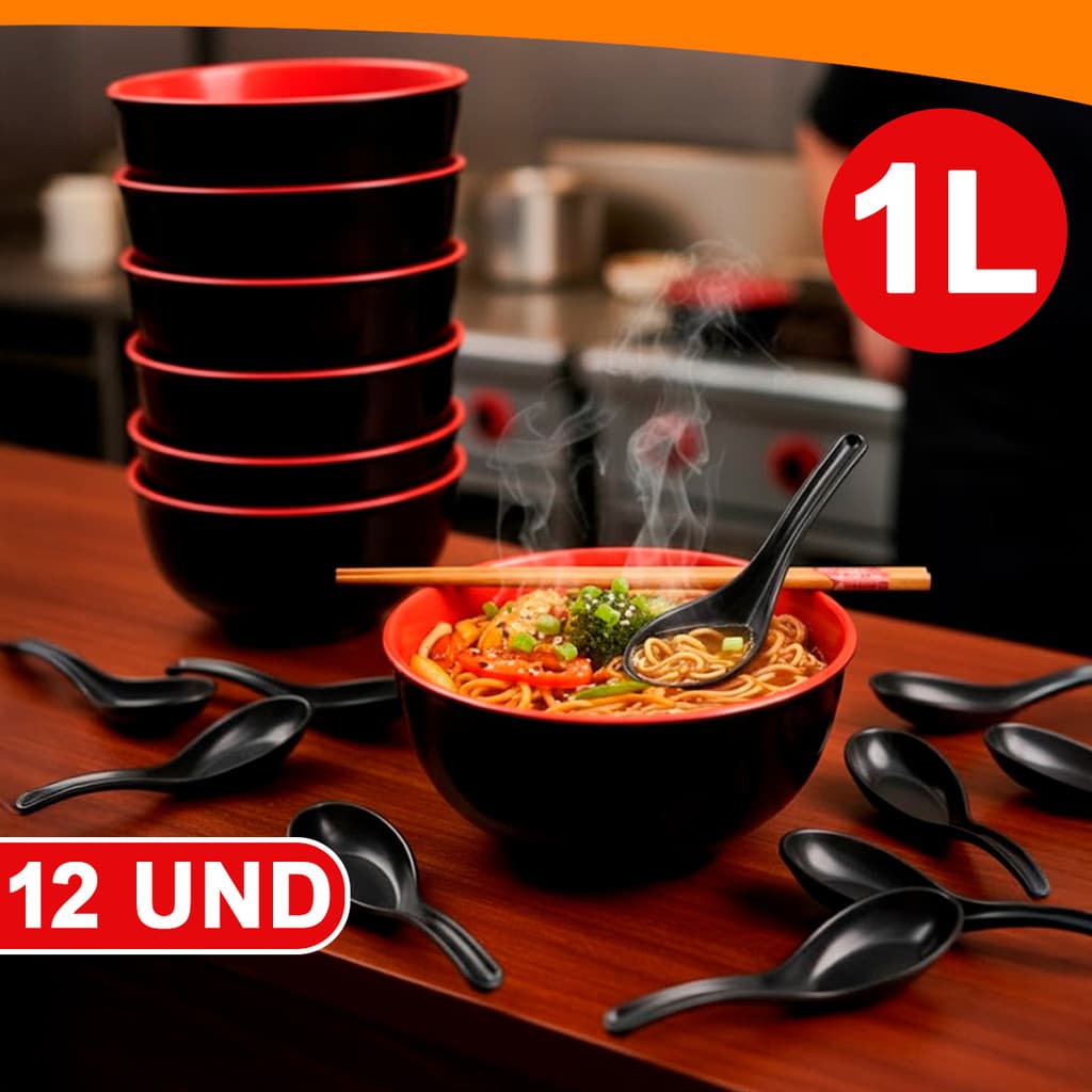 Kit 12 Tigelas Melamina Com Colher Bowl Oriental Preta 1L Japonês Restaurante Profissional 17x8CM