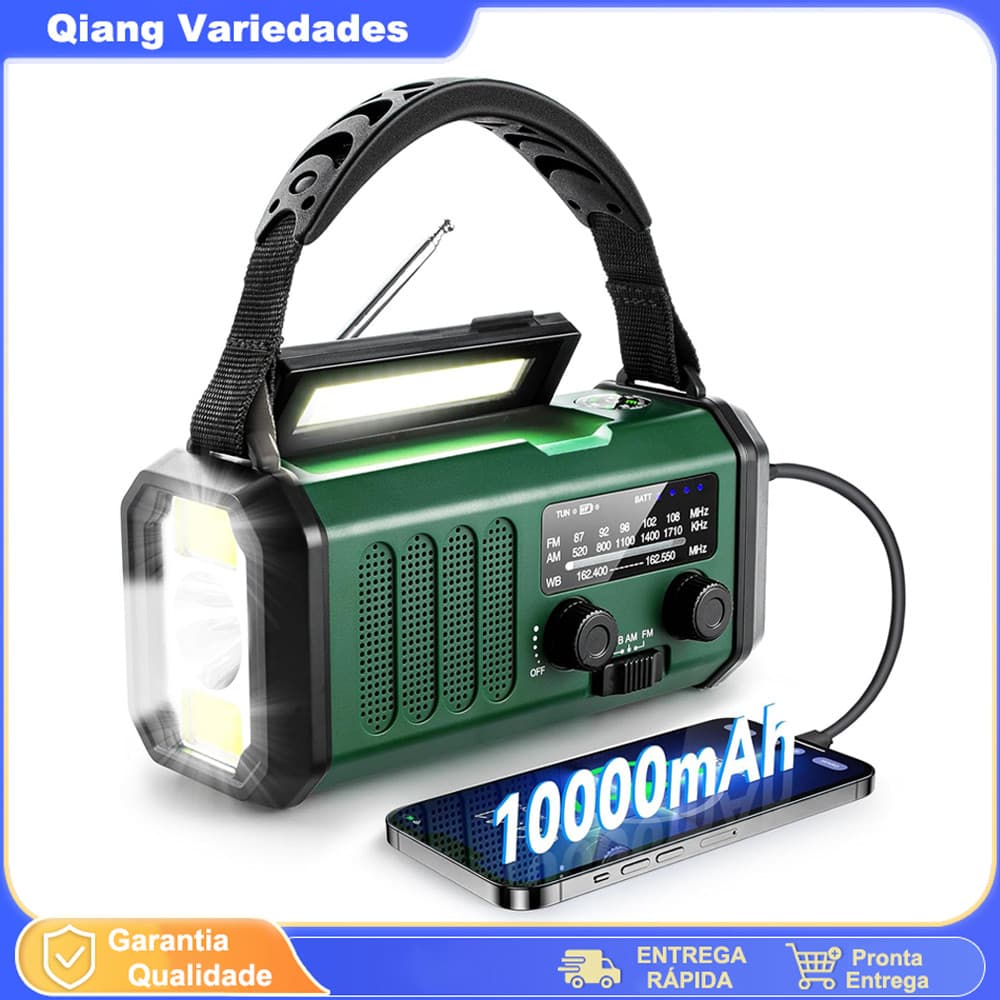 Multifuncional Rádio De Emergência Solar, Rádio De Manivela, Rádio AM/FM Tempo, 10000mAh, Carregamento Tipo C
