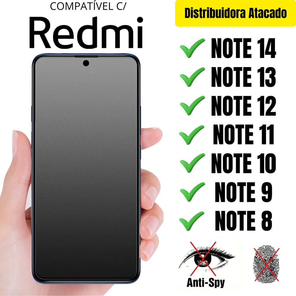 Película Cerâmica Privacidade Fosca 3D P/ Redmi Note 14 / 13 / 12 / 11 / 10 / 9 / 8 Matte AntiSpy