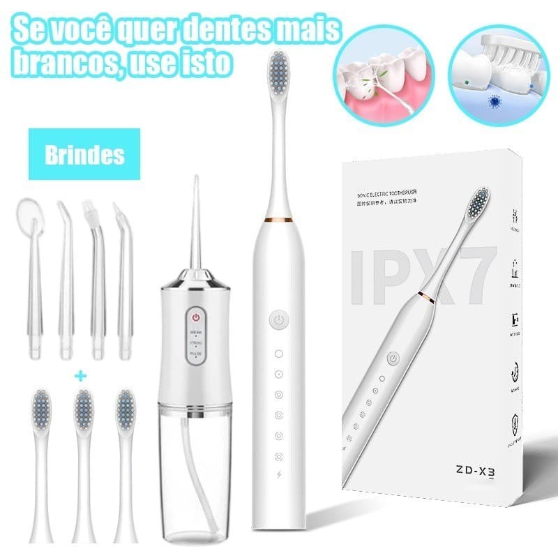 Kit Dental 2 em 1 – Irrigador Bucal + Escova Elétrica Recarregável Profissional