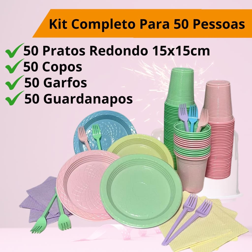 Kit Festa Aniversário Candy Descartável 200 Peças: 50 Pratos, 50 Copos, 50 Garfos 50 Guardanapos 
