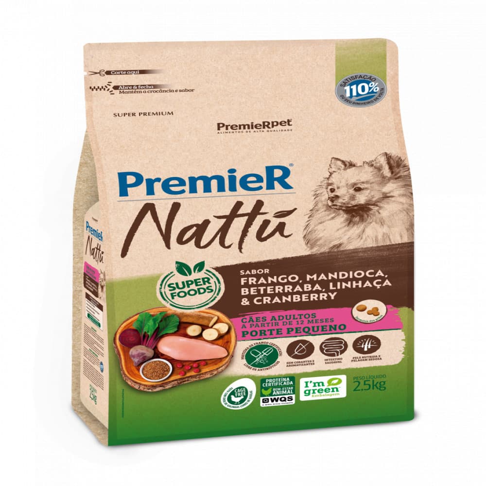 Ração Premier Nattu para Cães Adultos de Raças Pequenas Sabor Mandioca 2.5kg