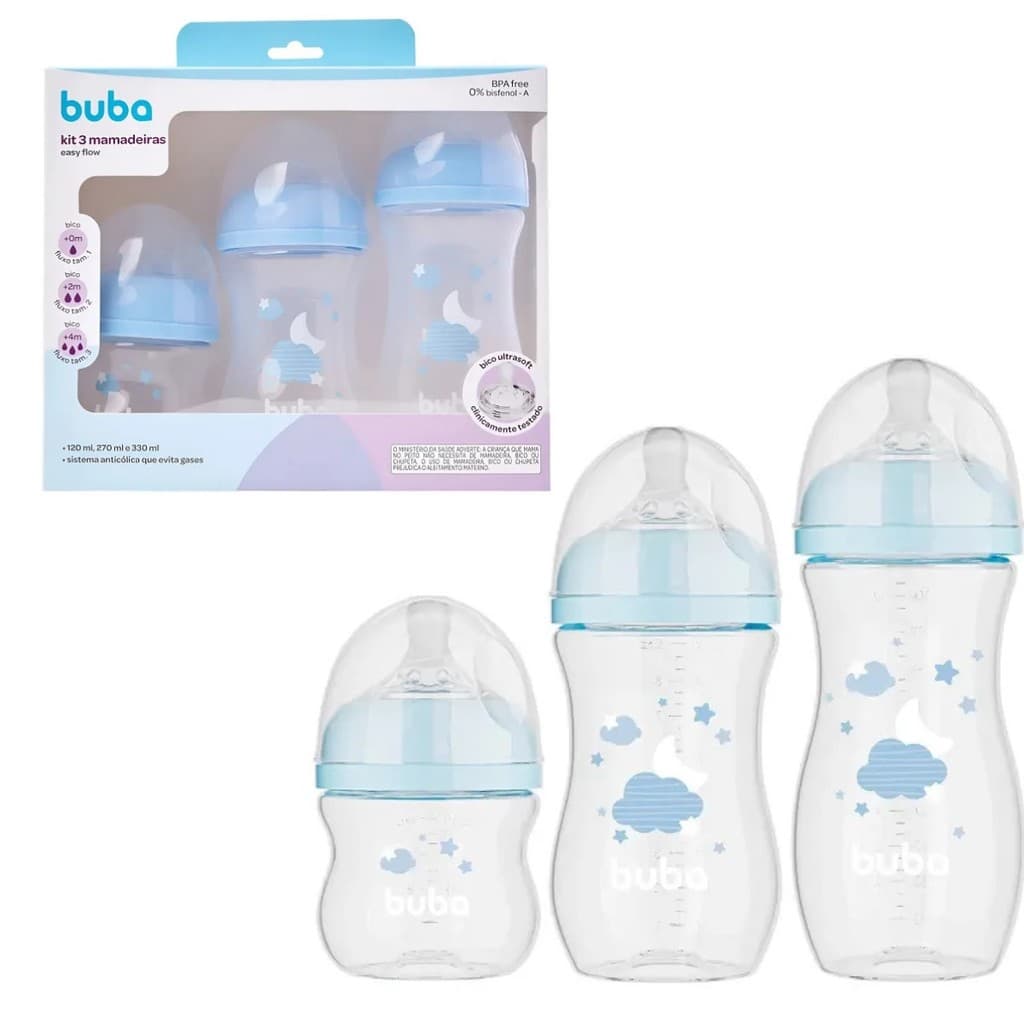 Kit Mamadeiras Easy Flow Cor Azul 3 Unidades 20989 - Buba