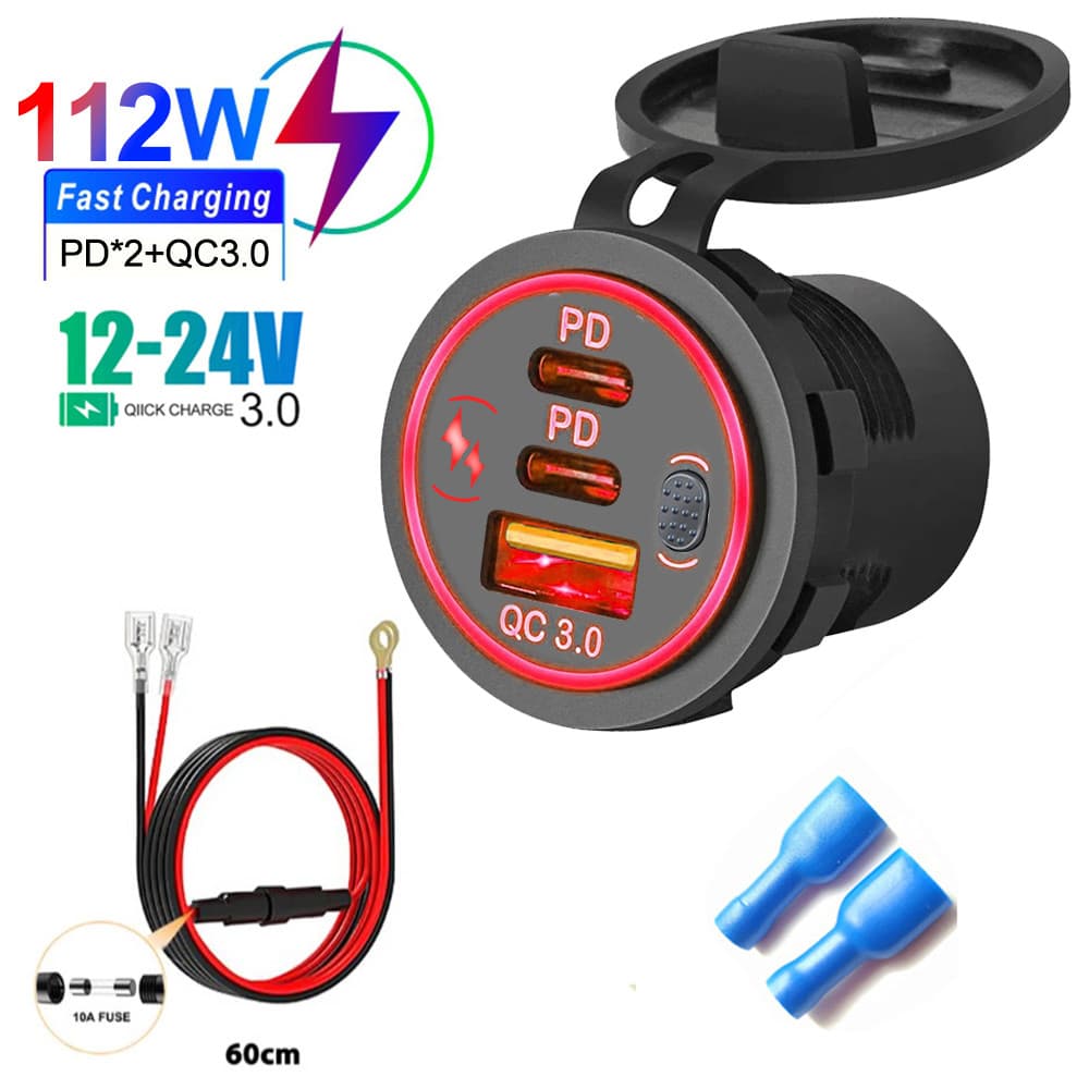 🎇Tomada Carregador Carro Usb Tipo C Pd3.0 Voltimetro Vermelho