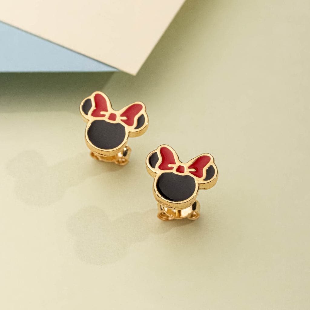 Brinco Infantil Minie Laço Vermelho • Folheado Dourado • Hipoalergênico
