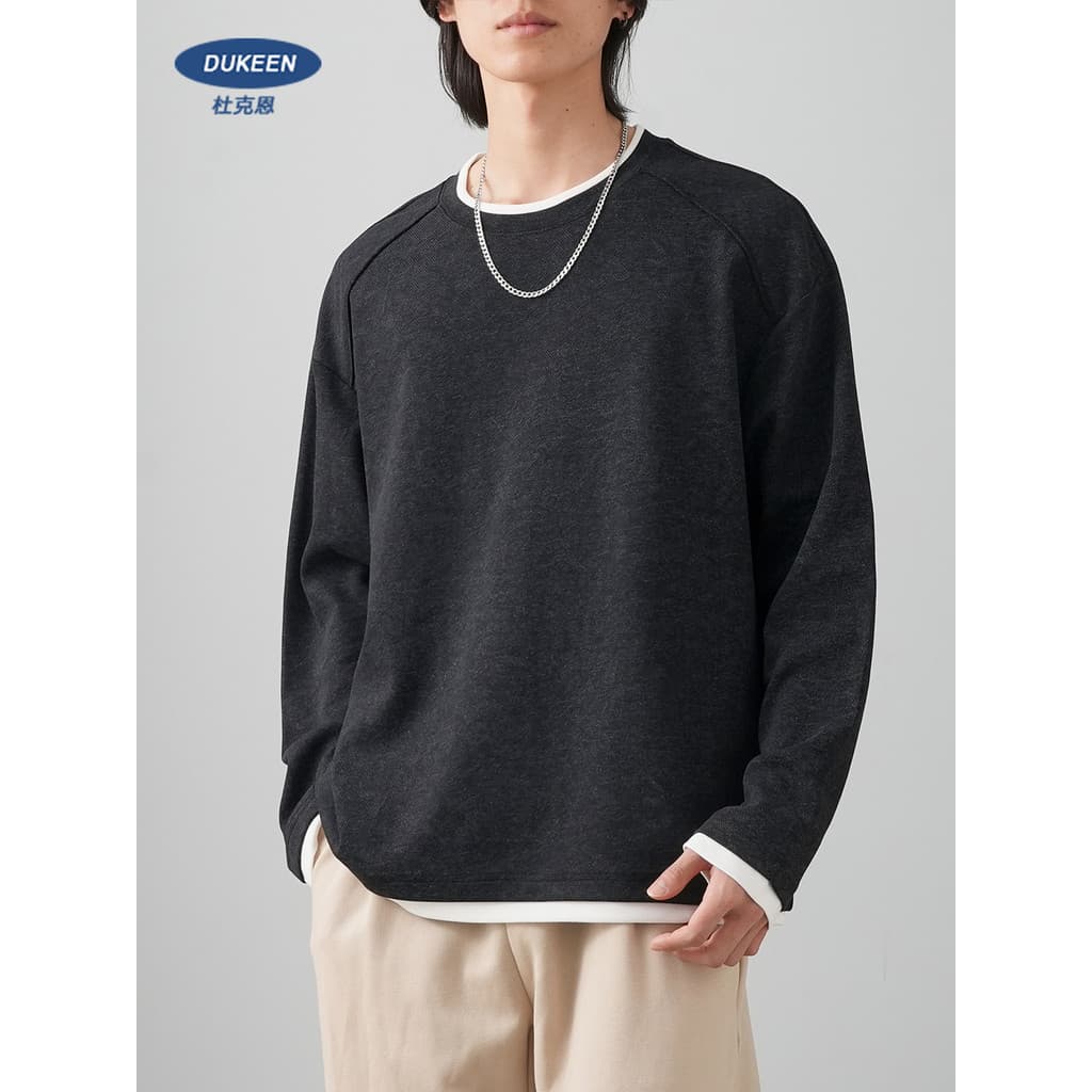 320G pesado falso camiseta de duas peças masculina de manga comprida primavera outono americano solto em torno do pescoç