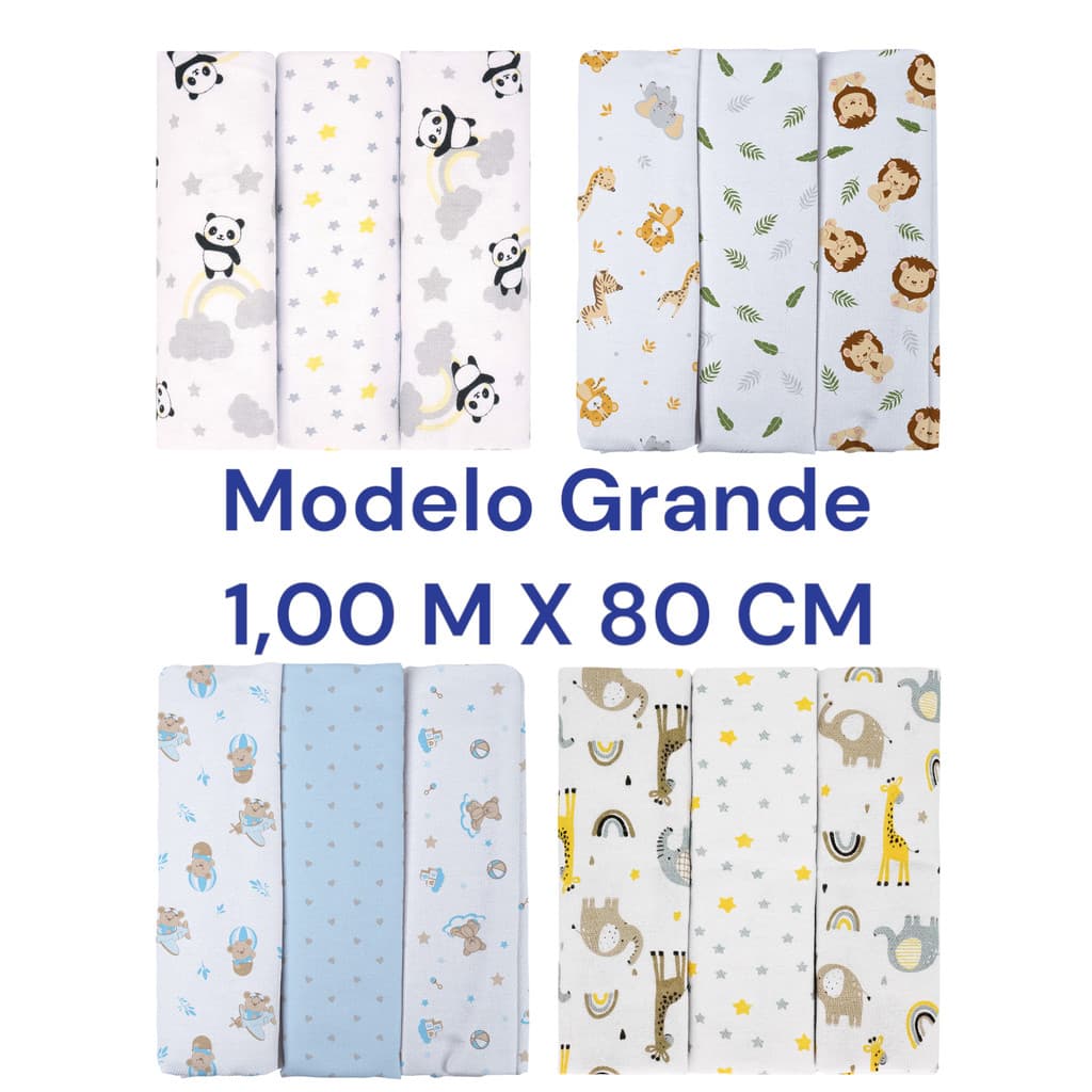 Kit 3 Cueiros Grande 1,00 M X 0,80M Bebê Estampado 100% Algodão Bublim Masculino