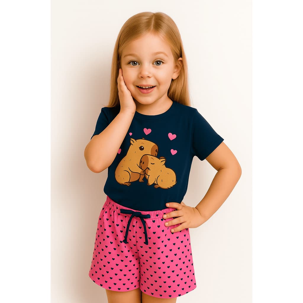 Pijama Infantil Menina Feminino Estampado Meia Manga Com Shorts