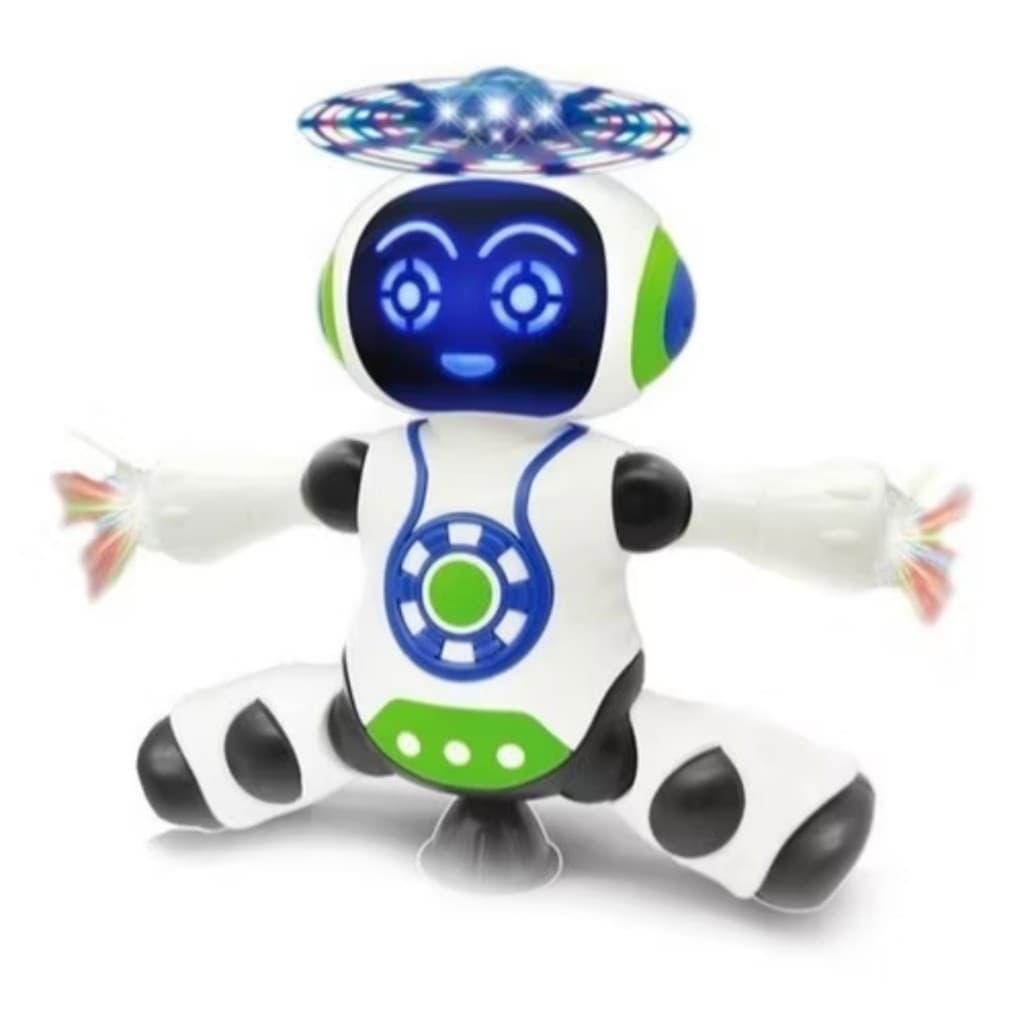 Robô Dançarino Brinquedo Musical com Luzes 3D Anda, Gira 360° e Toca Música – Robot Branco Infantil