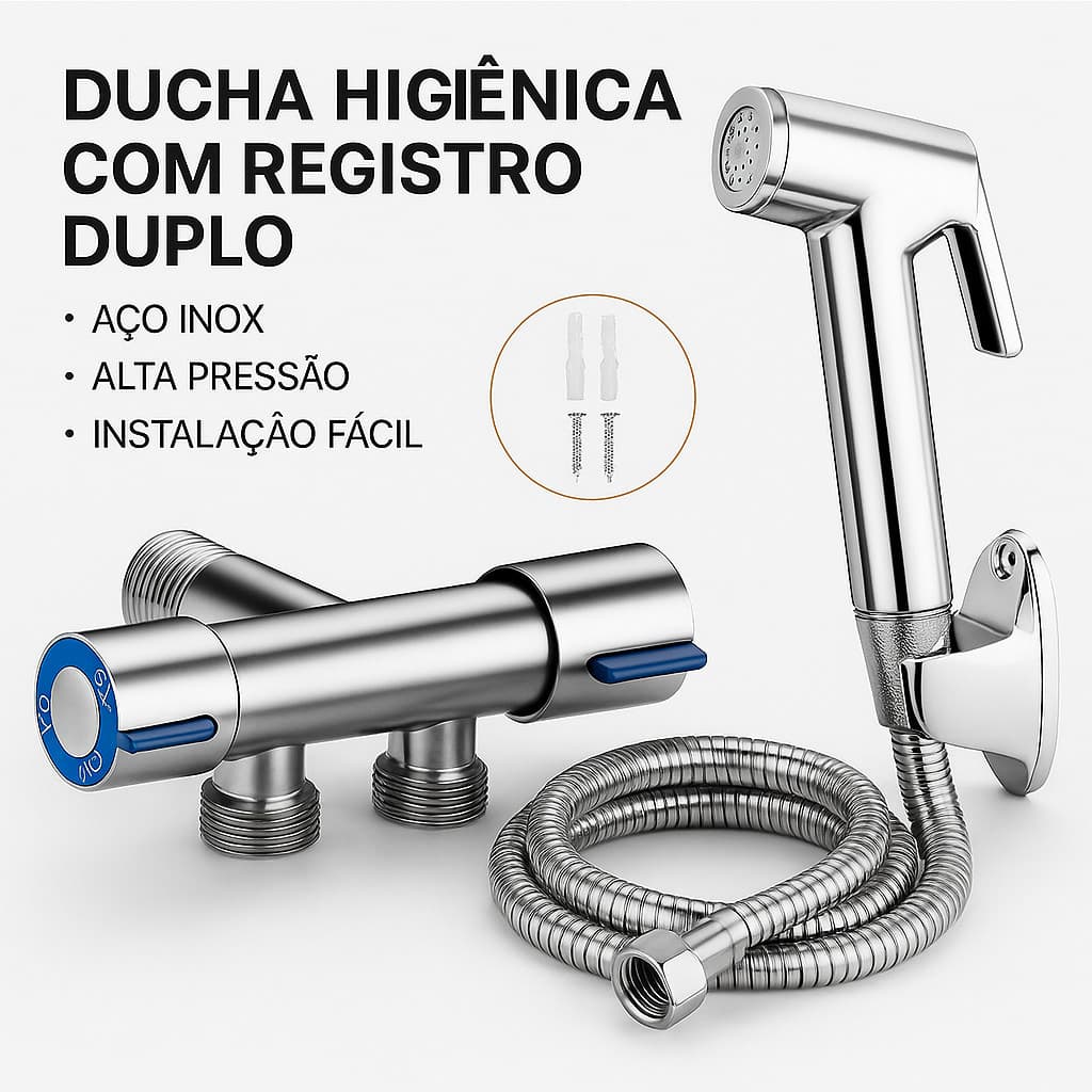 Ducha Higiênica Inox com Registro e Dupla Saída de Água – Bidê Chuveirinho Completo