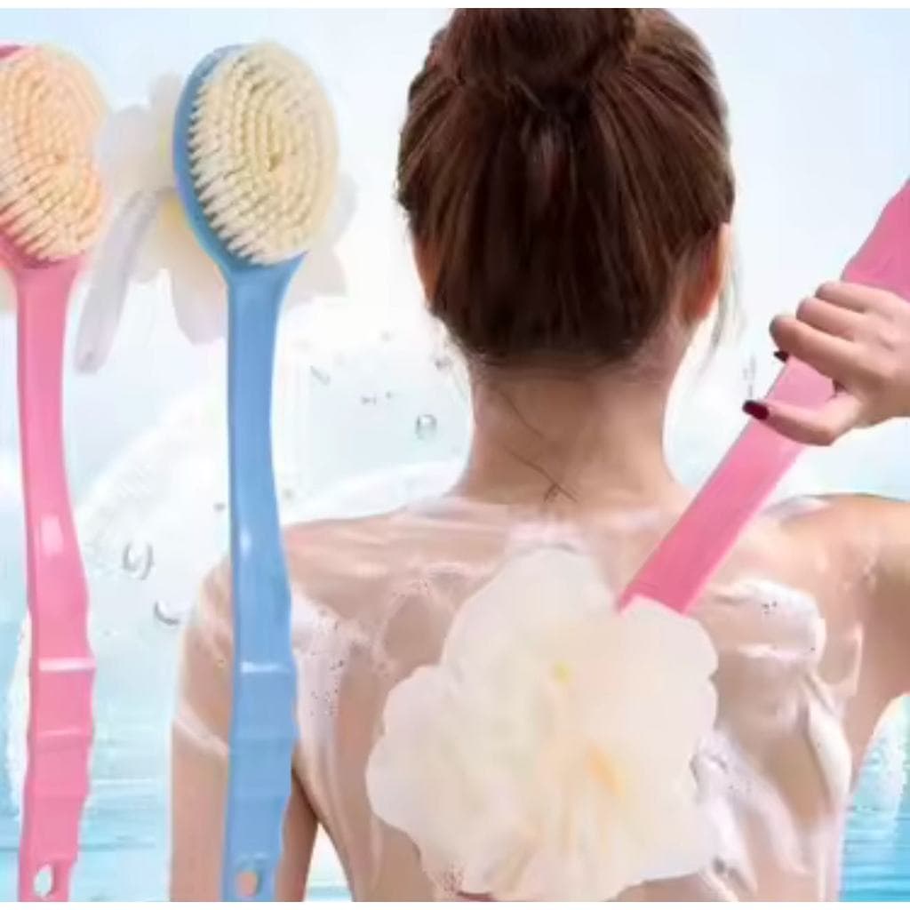 Kit Escova Corporal De Banho 2 Em 1 Cabo Longo Dupla Face Esfoliante Para Costas Com Bucha E Esponja