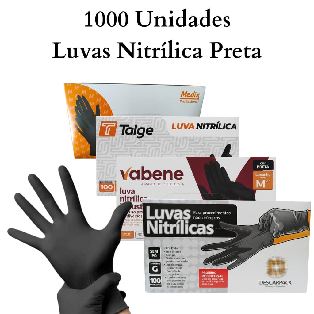 1000 Luvas Nitrilica Descartável Preta Tam P M G Talge Medix Descarpack Vabene