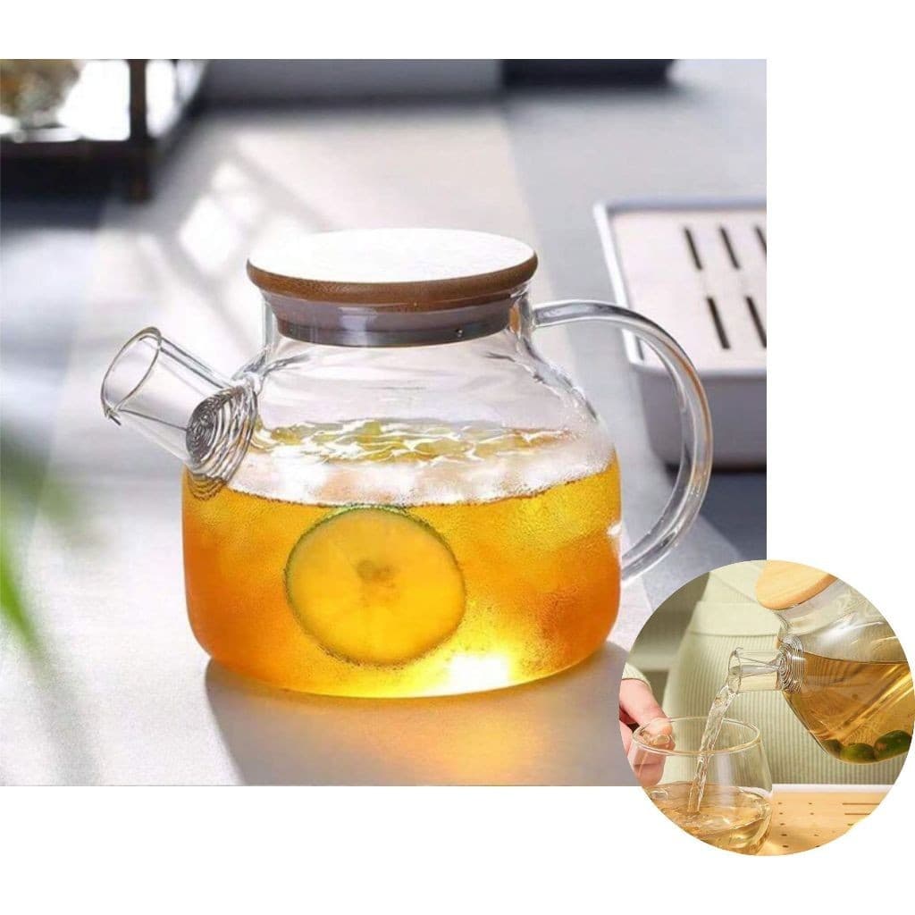 Chaleira de Vidro com Tampa Bambu Premium Borossilicato 1L Bule Café Chá