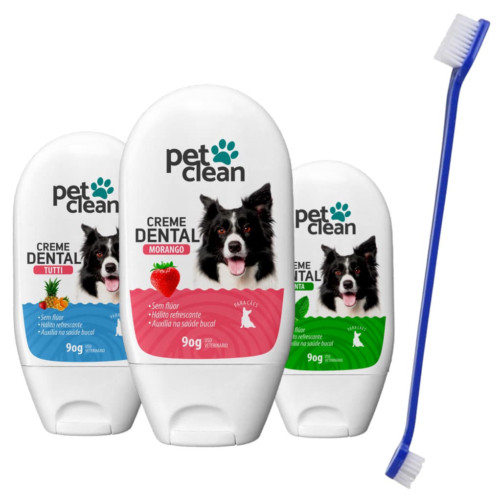 Kit Creme Dental Pet Clean + Escova de Dentes para Cães e Gatos