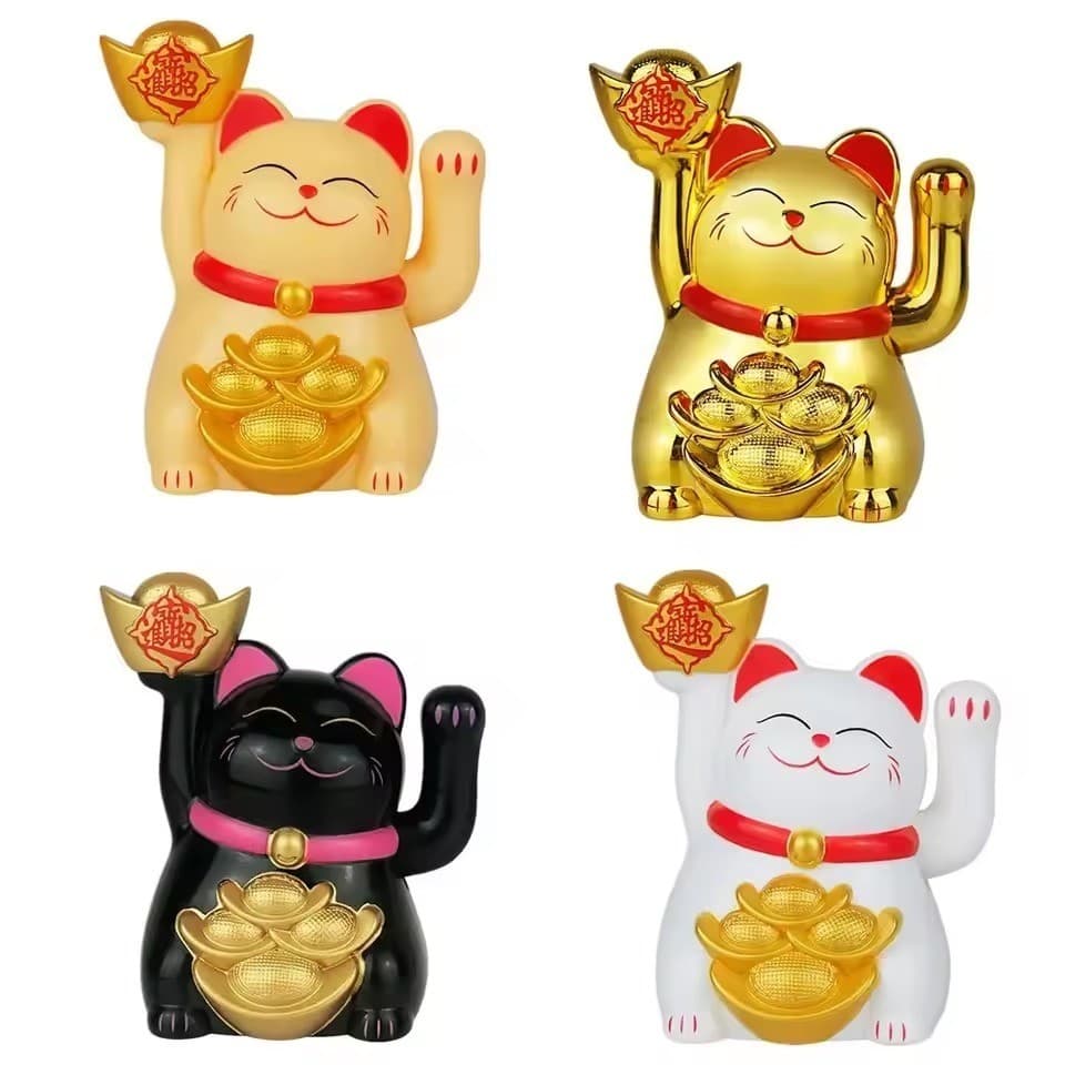 Gato da Sorte ManekiNeko Japonês Acenando Movido a Energia Solar Enfeite Decorativo