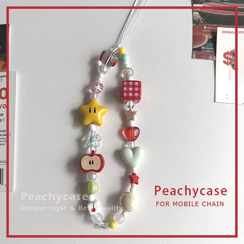 INS Star Apple Em Forma De Coração Xadrez Vermelho Quadrado Frisado Corrente Para Celular Pulseira Com Pingente De Telef