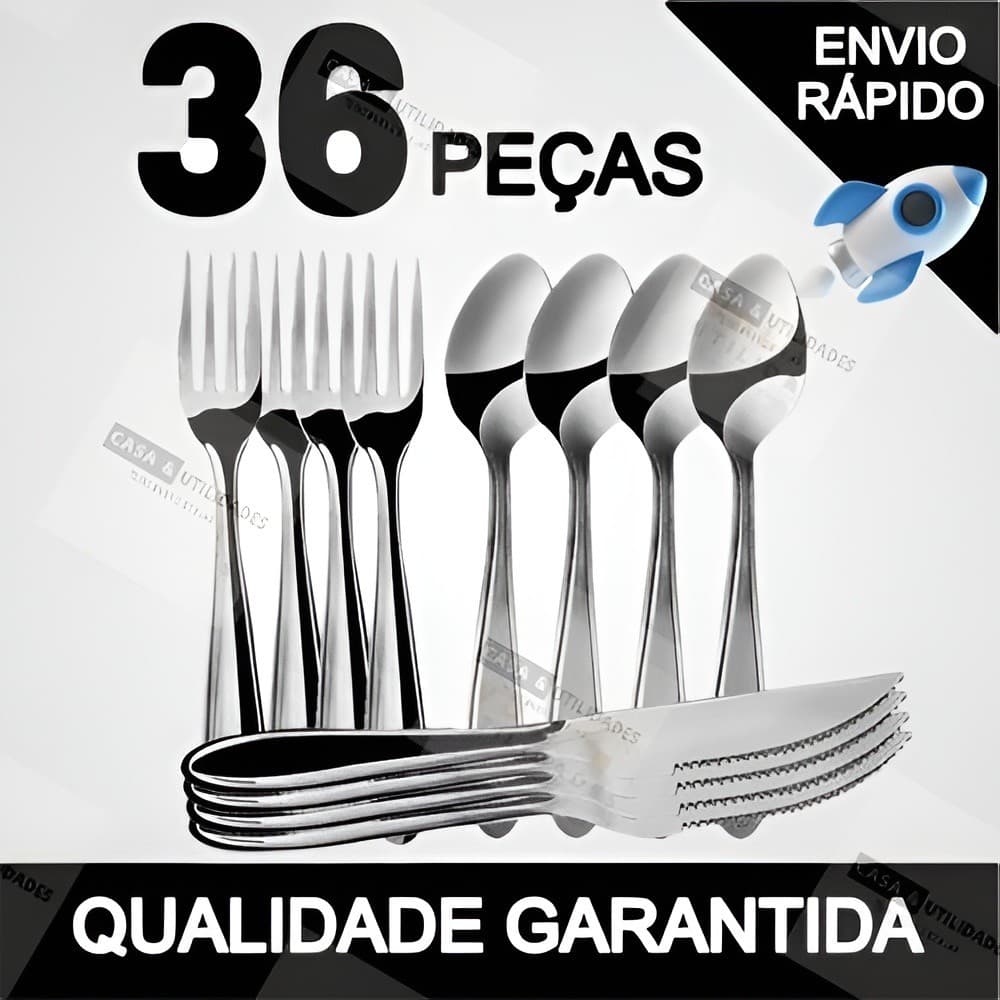 Jogo de Talheres 36 Peças De Aço Inox, 12 Peças Garfo + 12 Peças Colher + 12 Peças Faca Para Restaurante e Cozinha