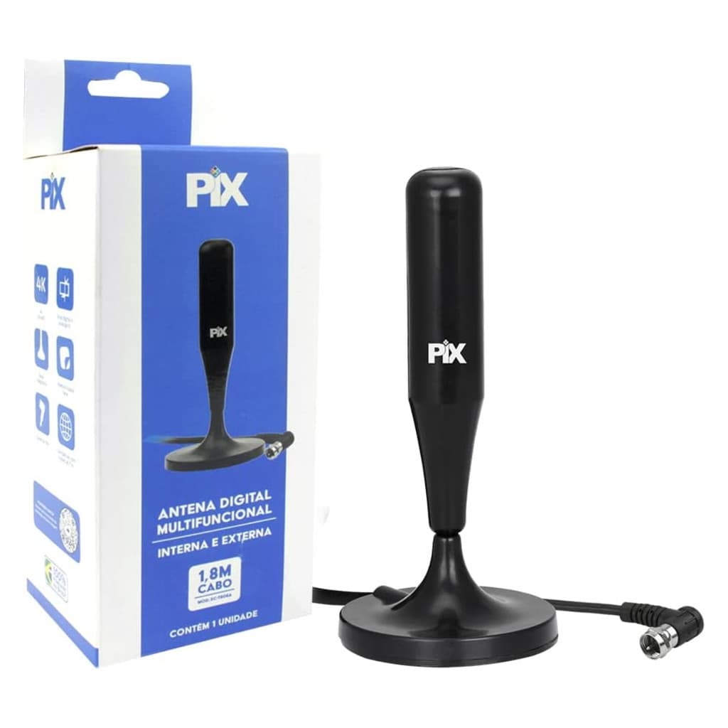Antena Digital PIX Interna e Externa – HDTV – Cabo 1,8m e Base c/ Ímã