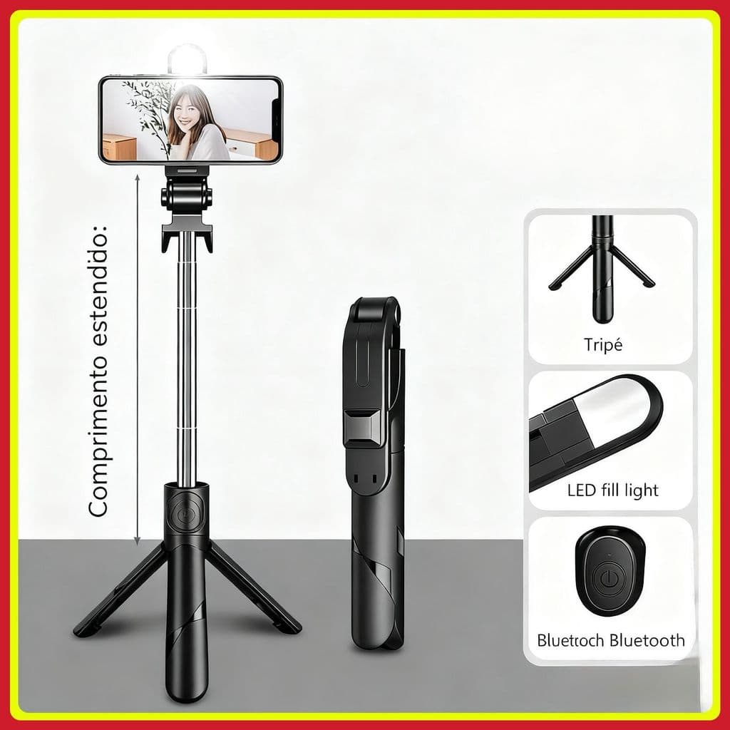 Tripé para Celular com Selfie Stick, Luz de Preenchimento LED e Controle Sem Fio Compacto e Versátil