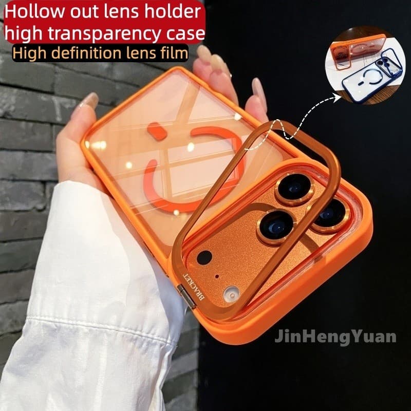 Capa De Acrílico Magnético Com Suporte De Lente Para IPhone 17 Air 16 15 Plus 14 13 12 Pro Max Caixa De Filme Anel De Me