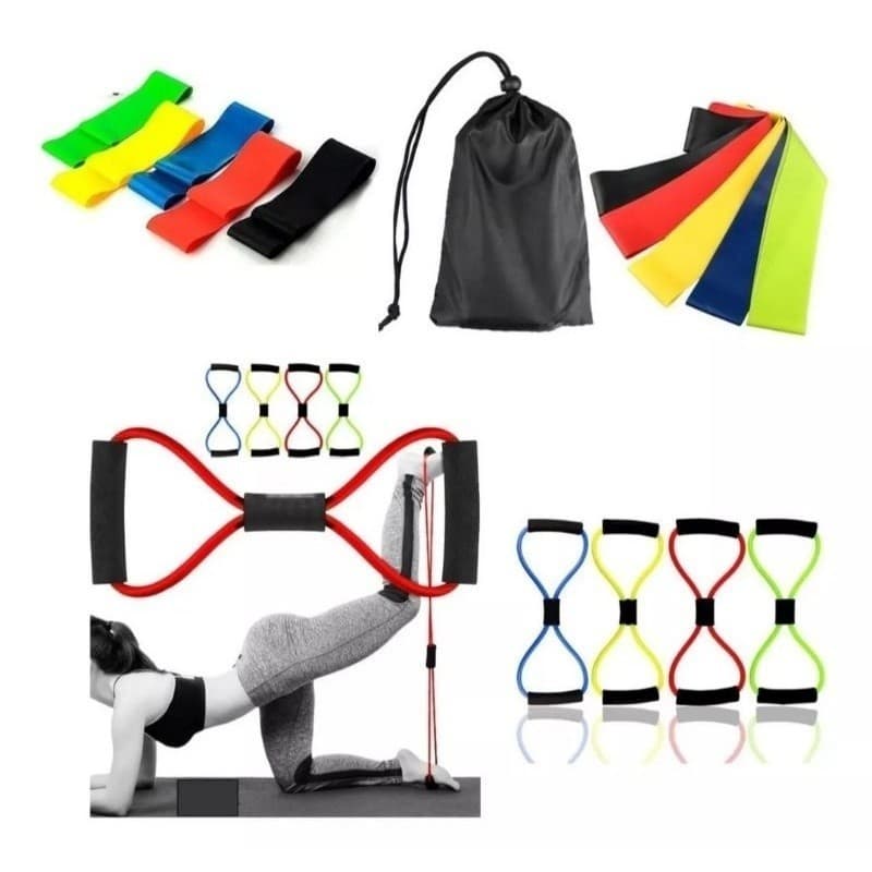 Kit 5 Elásticos de Resistência Mini Band + Extensor Cross Para Treino Funcional Emagrecimento Alongamento Reabilitação